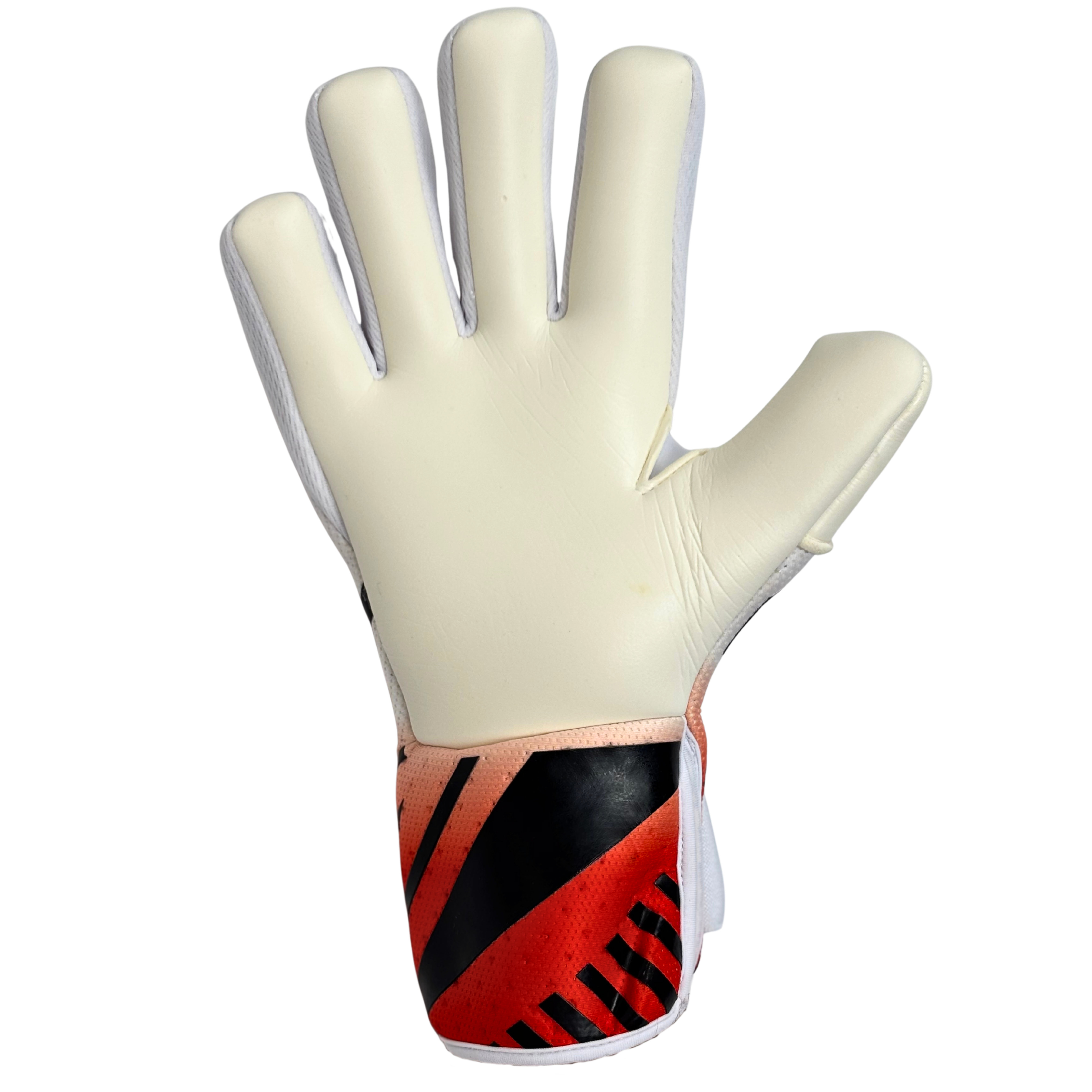 White goalkeeper glove with red and black accents on a white background