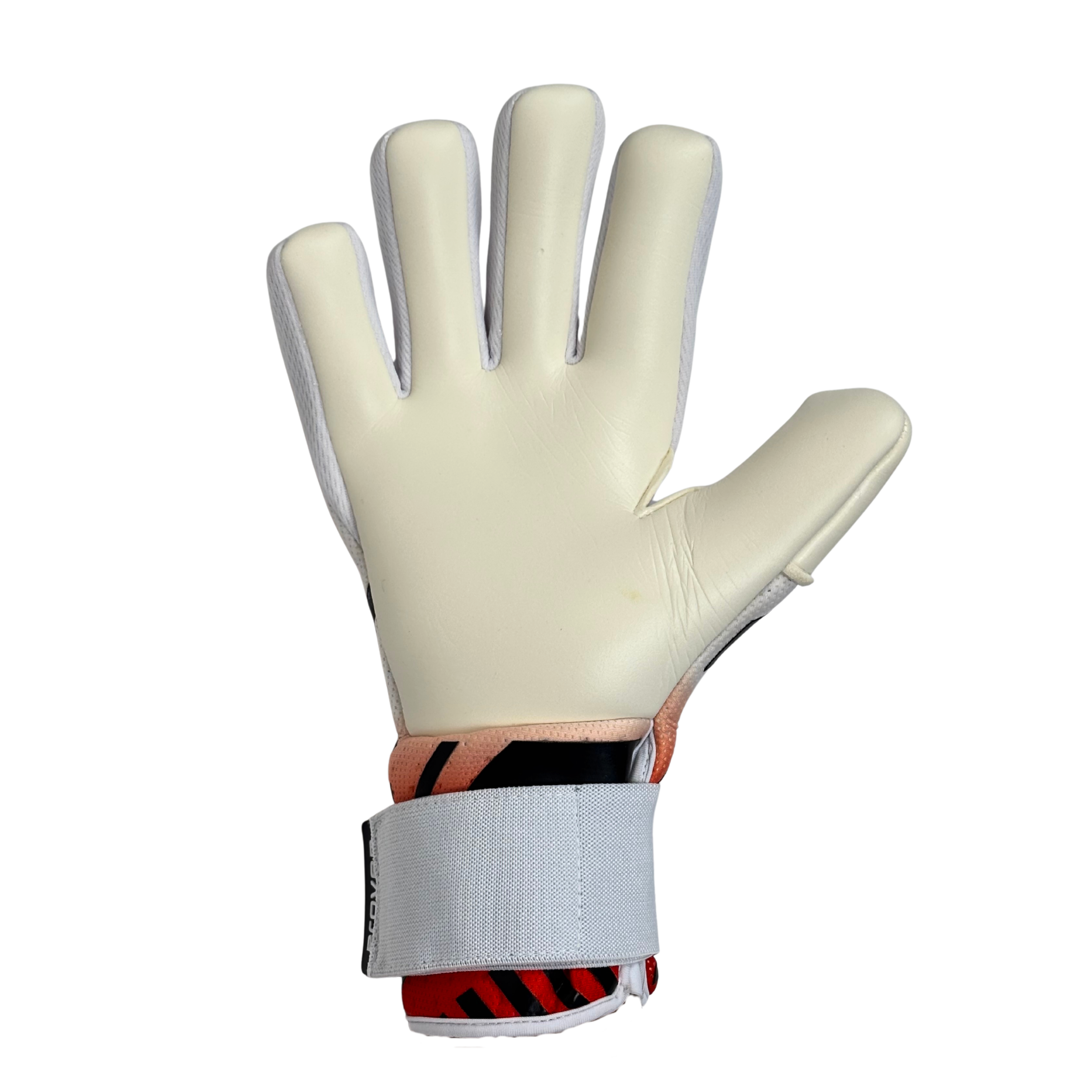 White goalkeeper glove with red and black accents on a white background