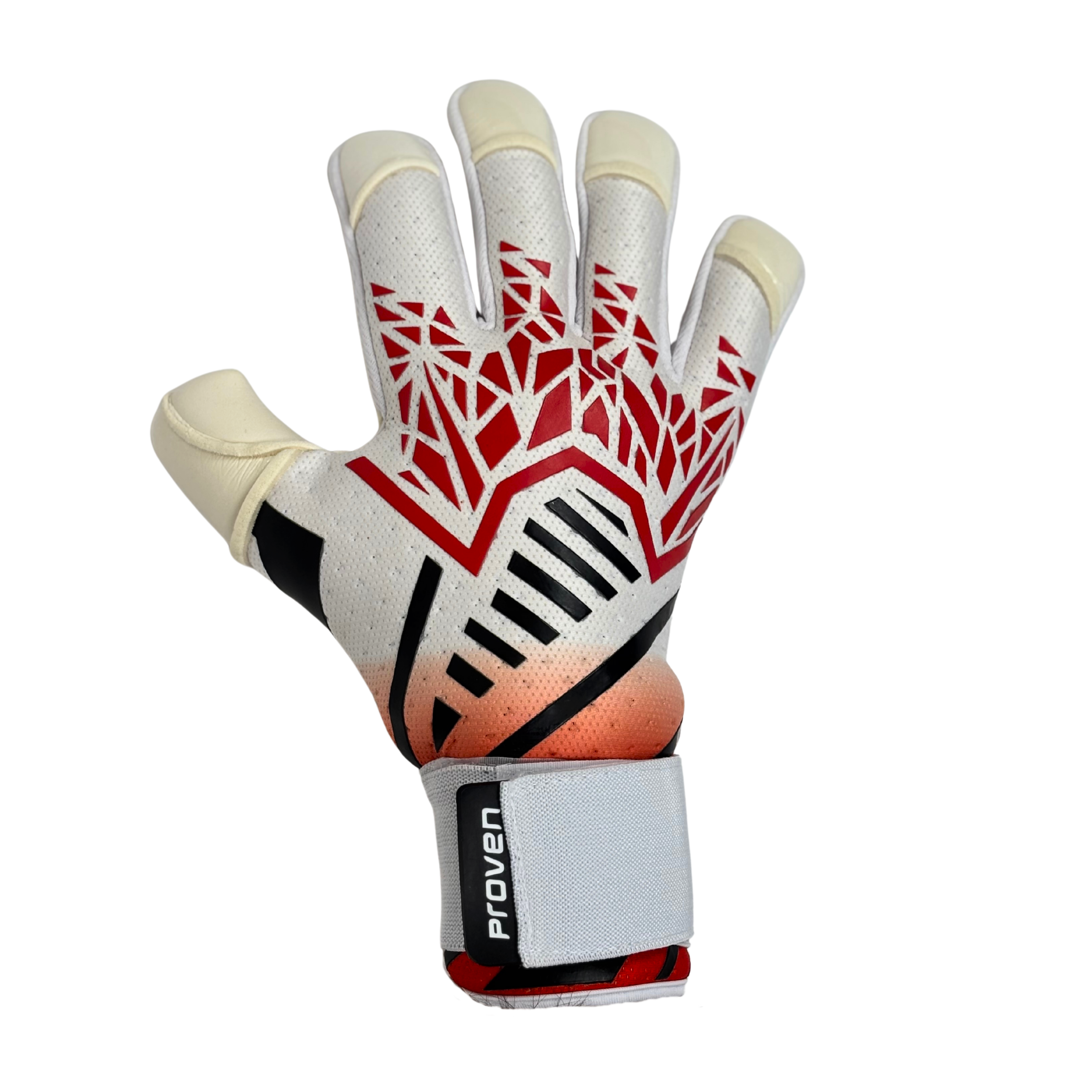 Goalkeeper glove with red and black design on a white background