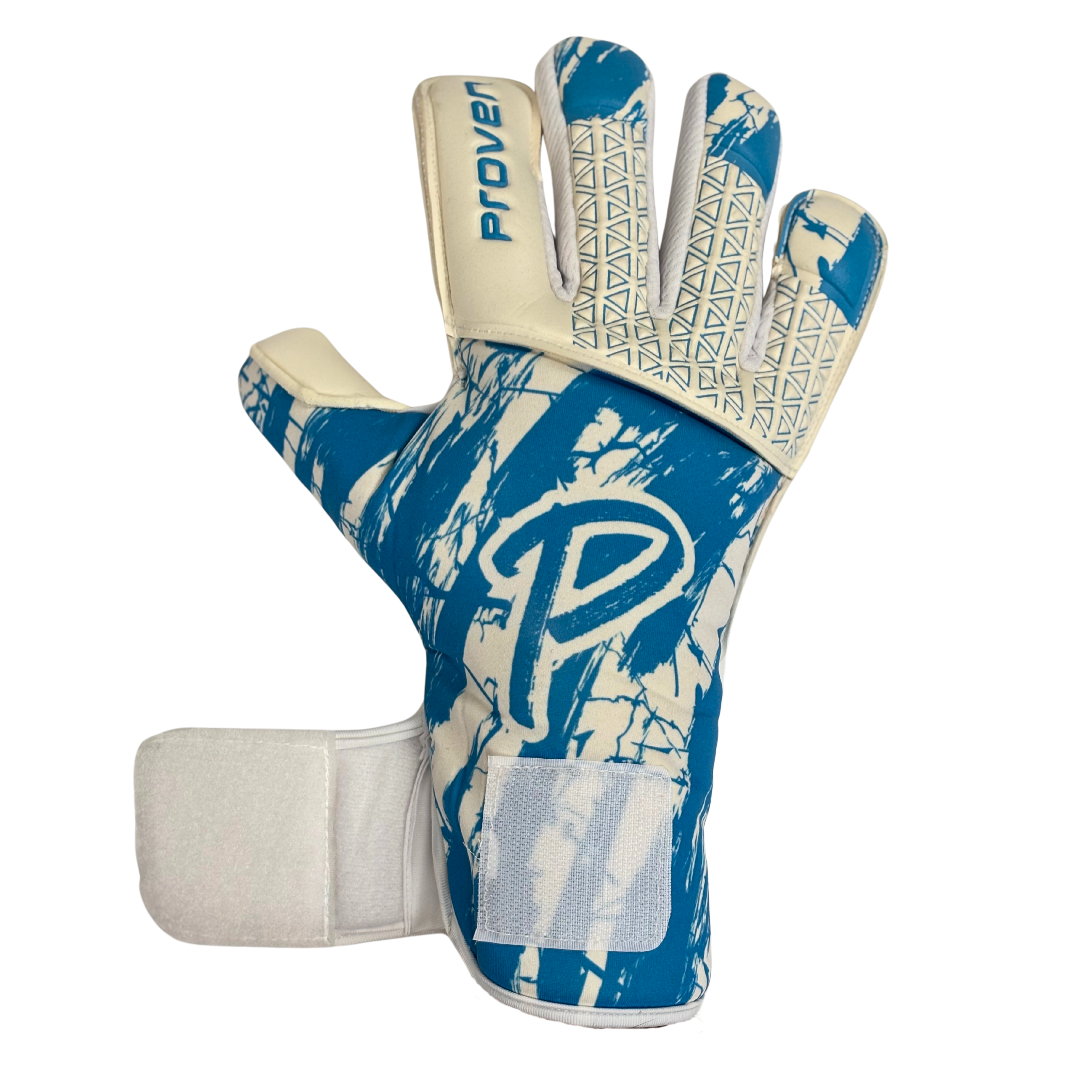 Blue and white soccer goalkeeper glove with brand logo on a white background