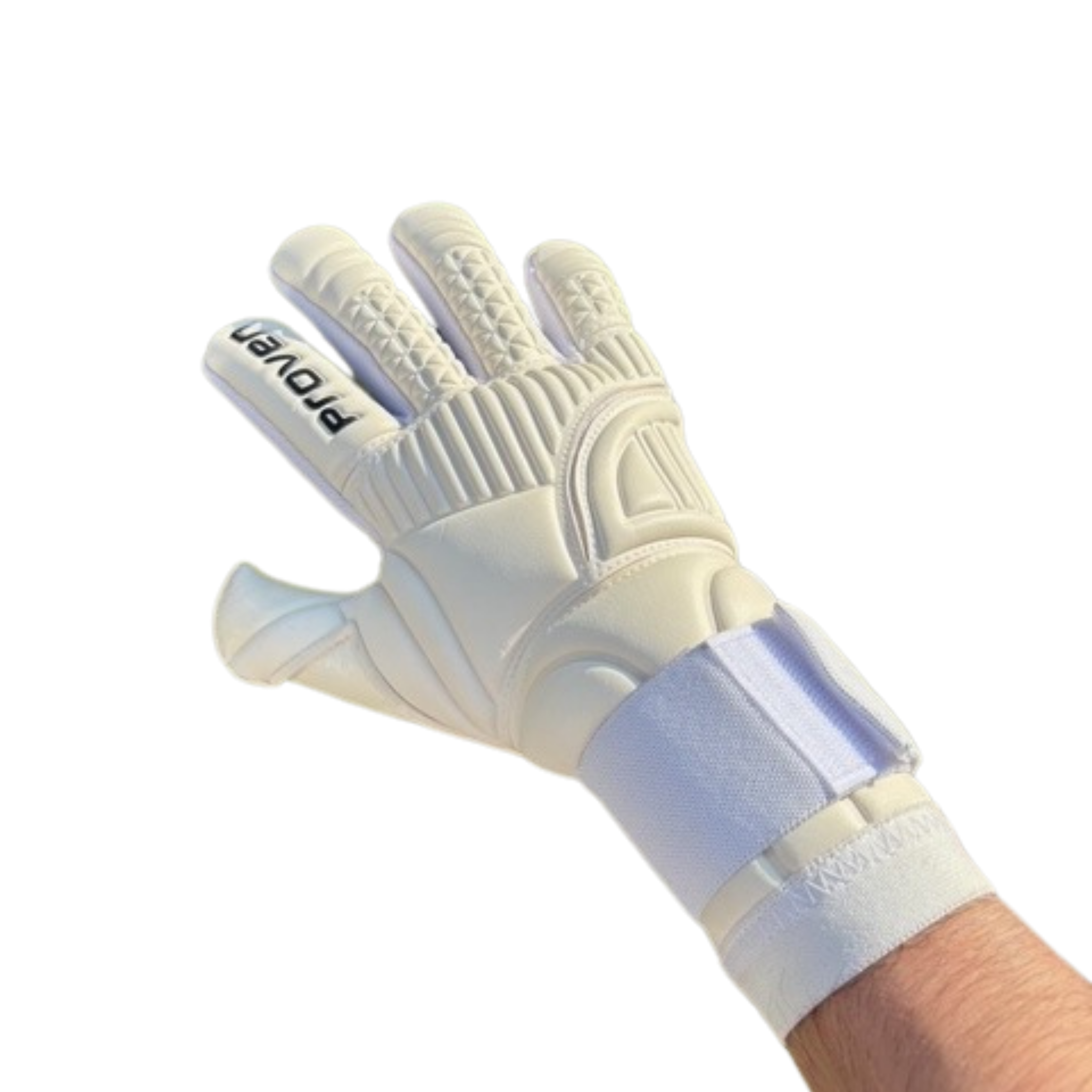 White goalkeeper glove with a visible brand logo on a white background