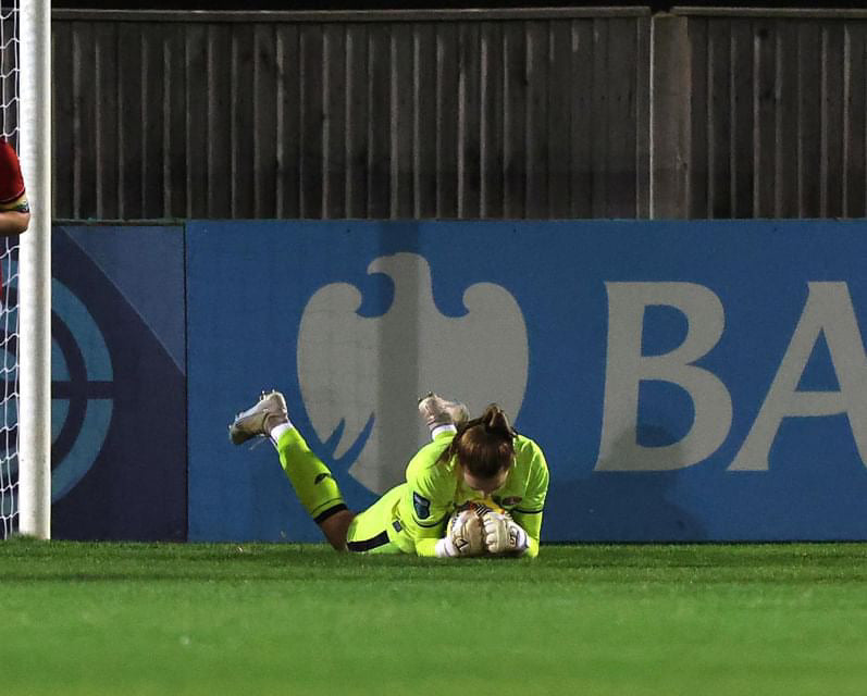 Goalkeeper diving on a soccer field with a blue banner featuring a logo in the background