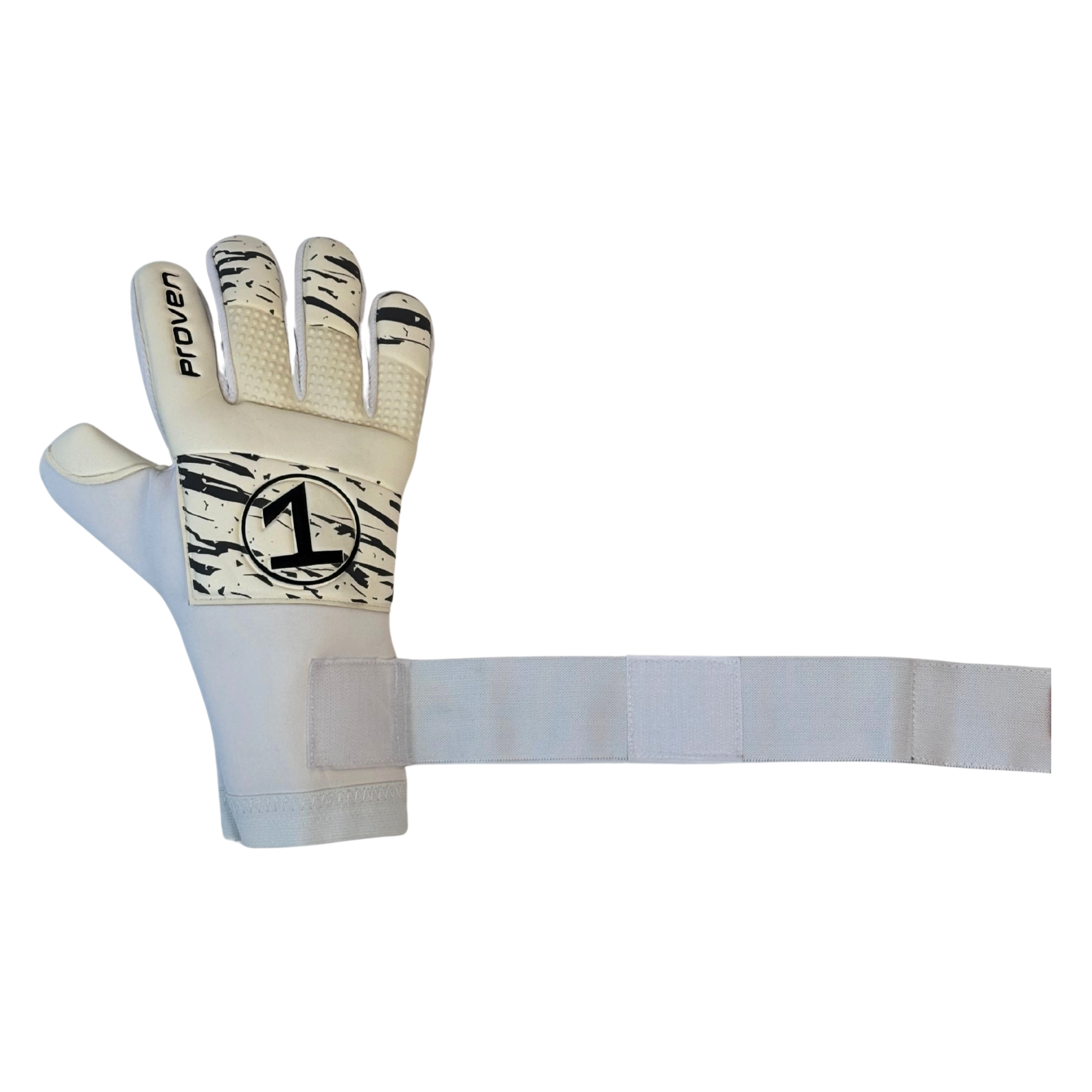 White goalkeeper glove with black patterns on a white background