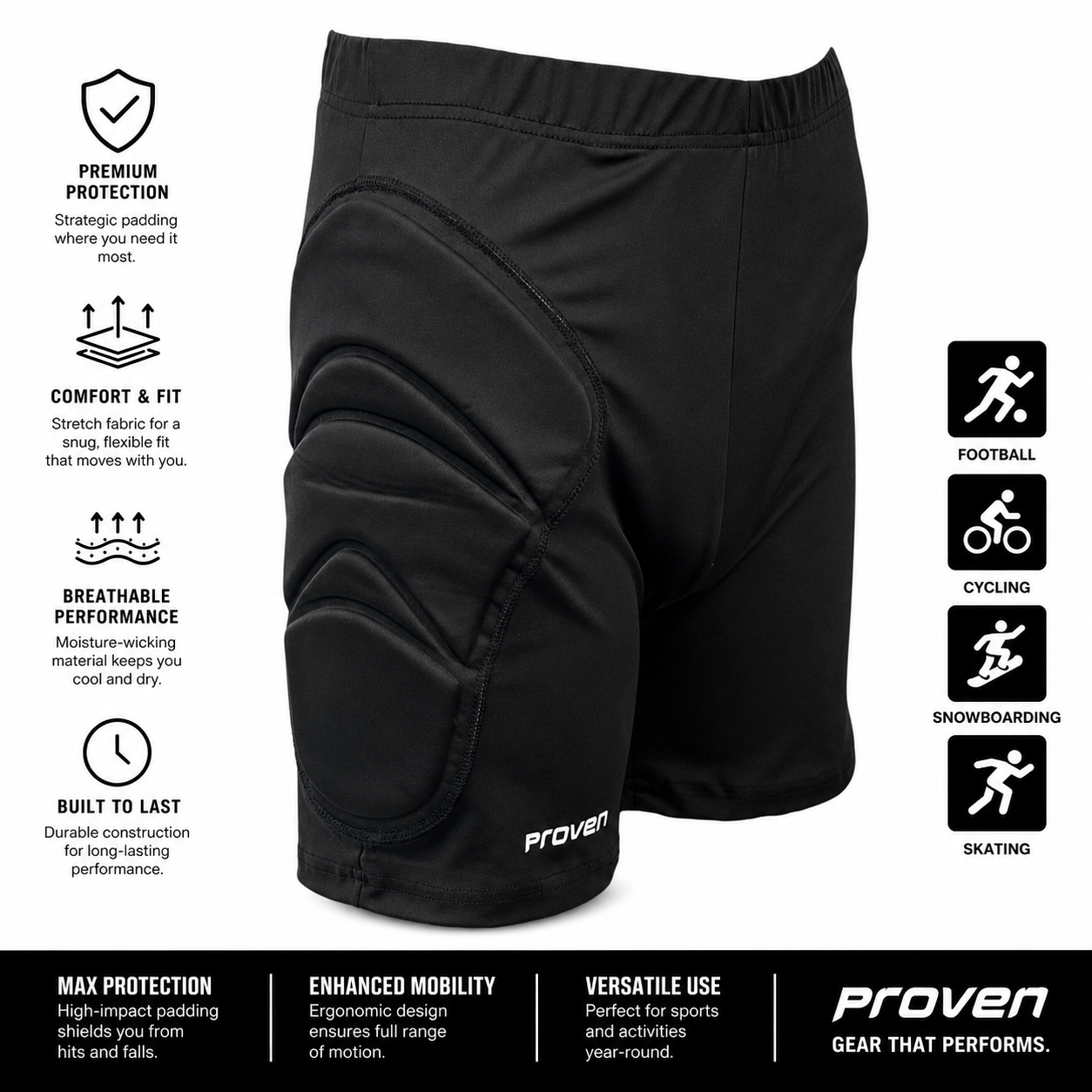 Black protective shorts with padding on a white background, featuring Proven brand.