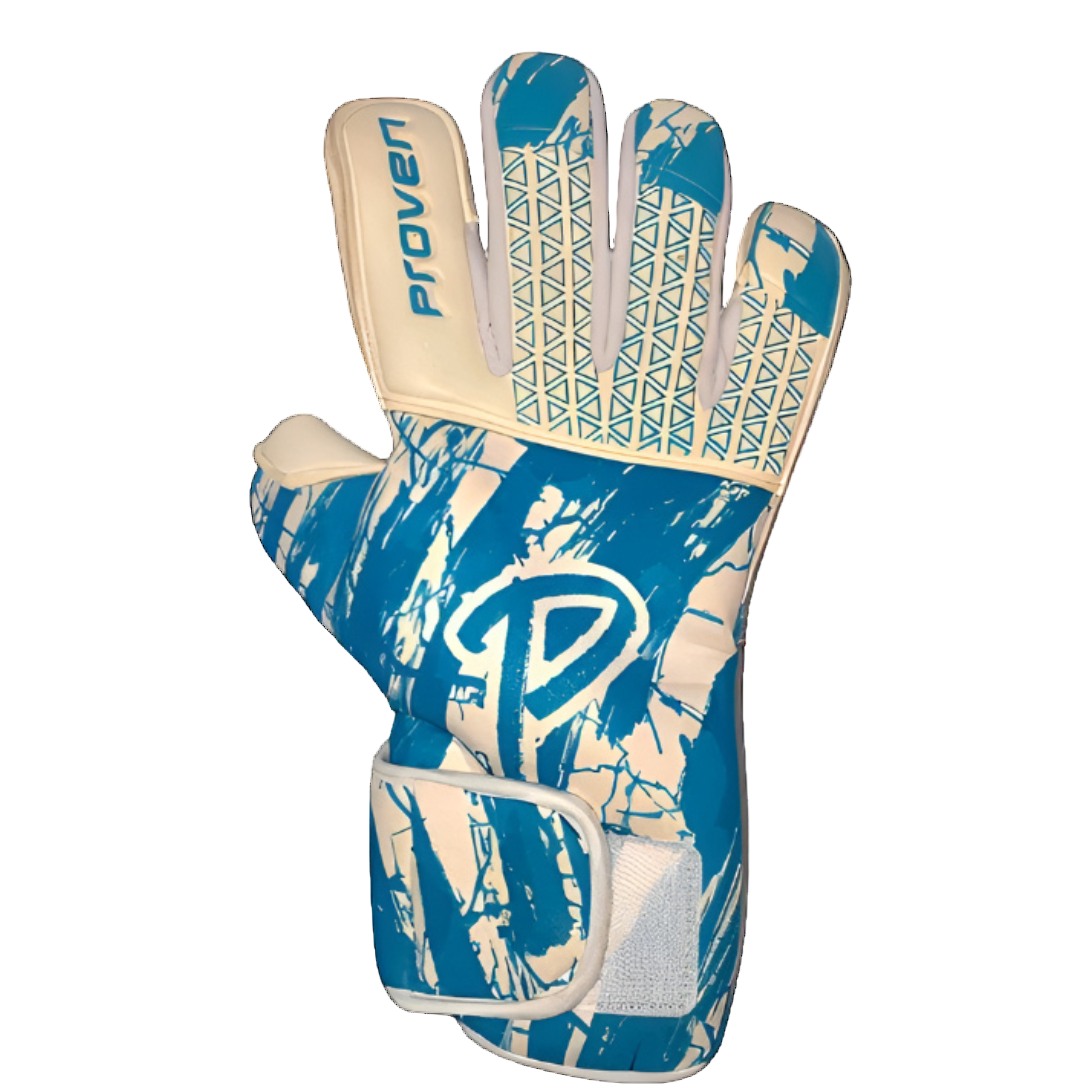 Blue and beige soccer goalkeeper glove with brand logo on a white background