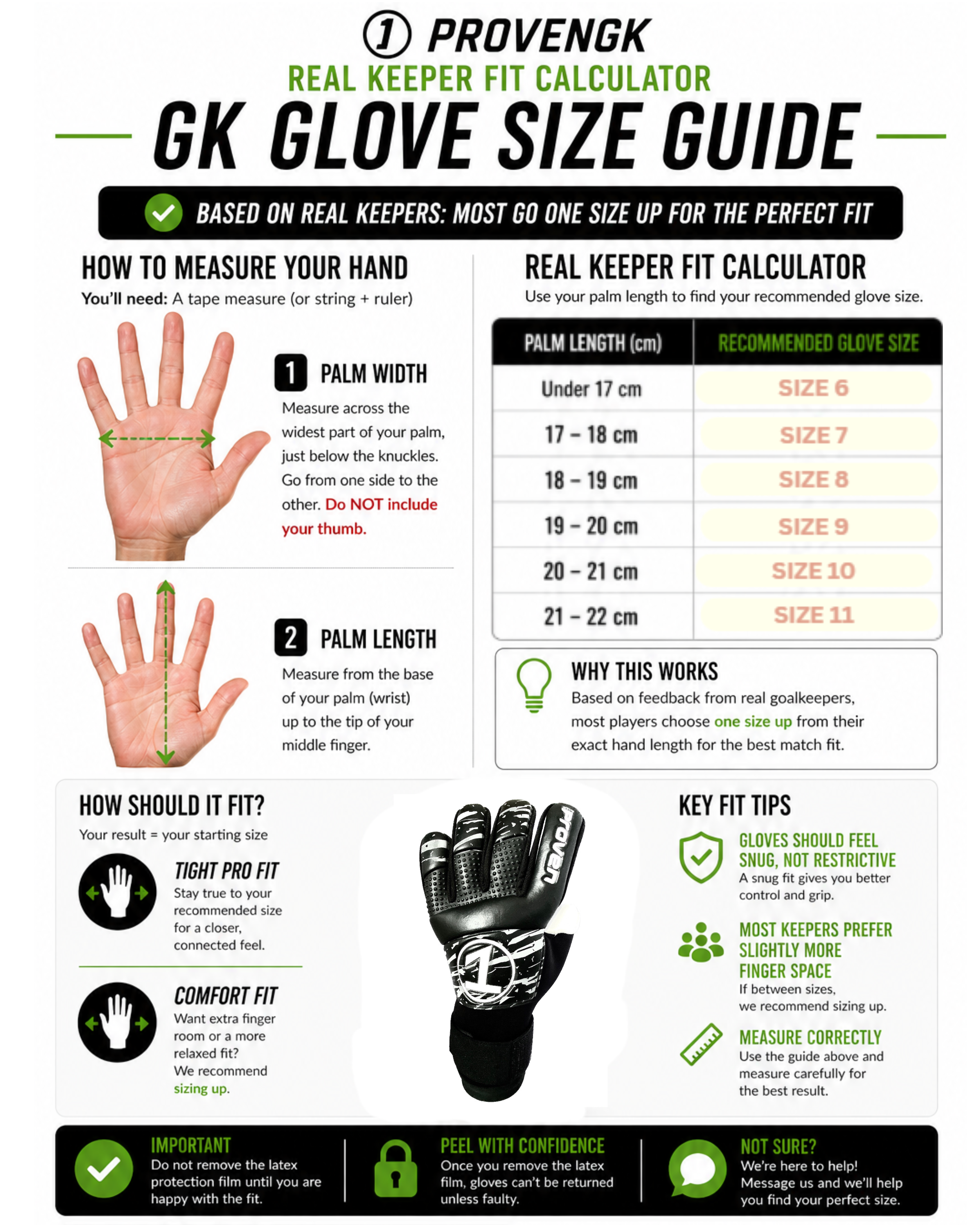 GK Glove Size Guide for goalkeeper gloves with measurement instructions and glove size recommendations.