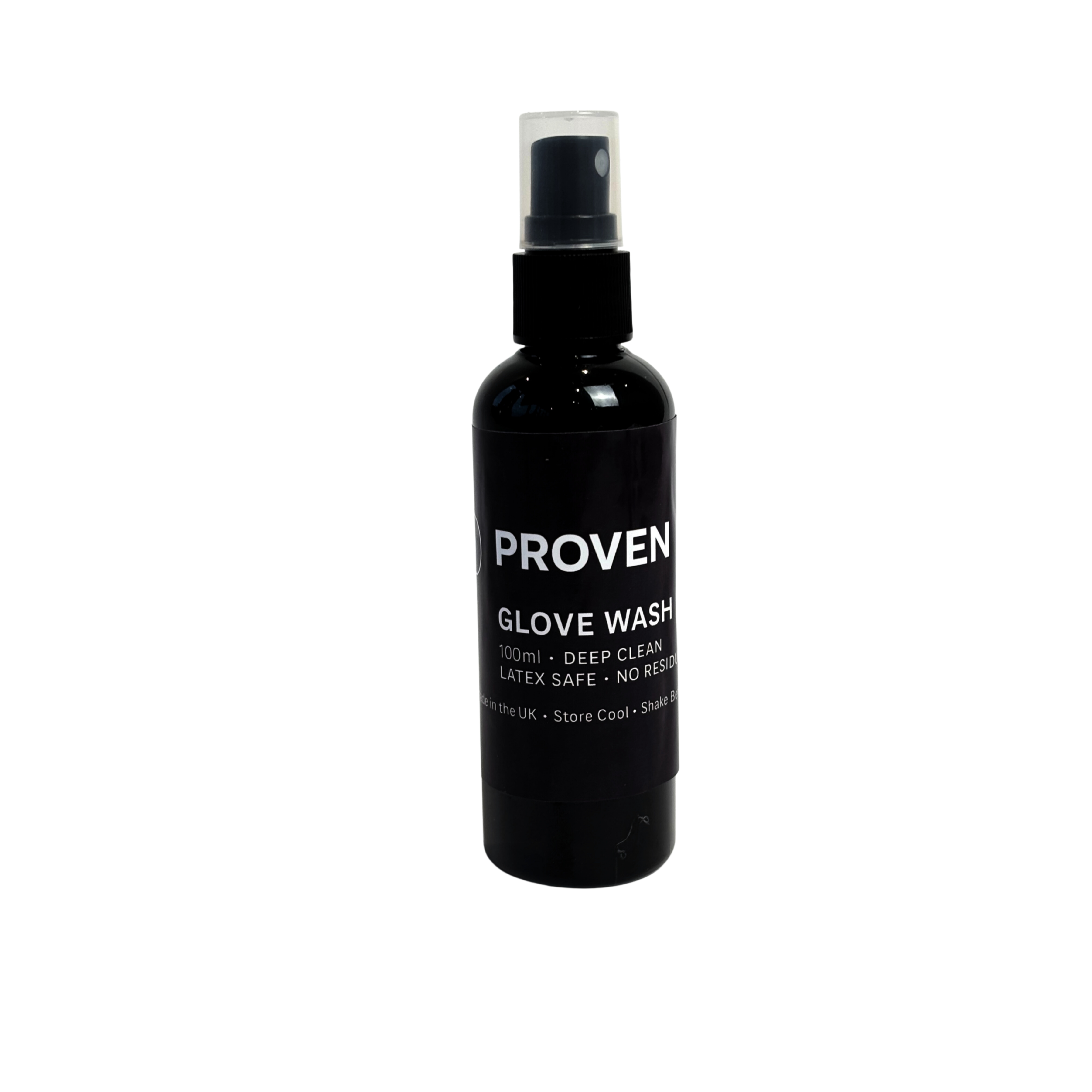 Black spray bottle labeled 'Proven Glove Wash' on a white background