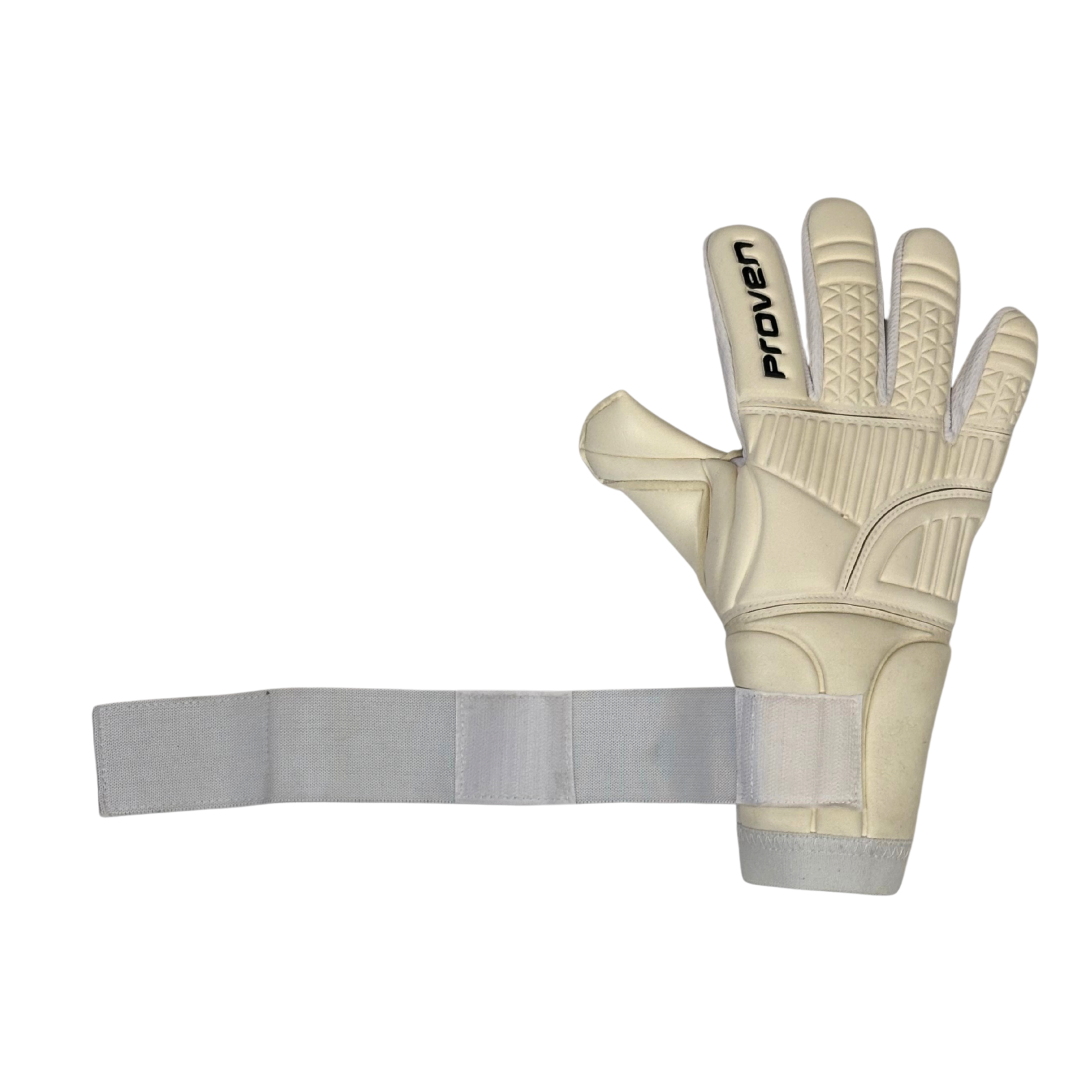 white goalkeeper glove with a gray wristband on a white background