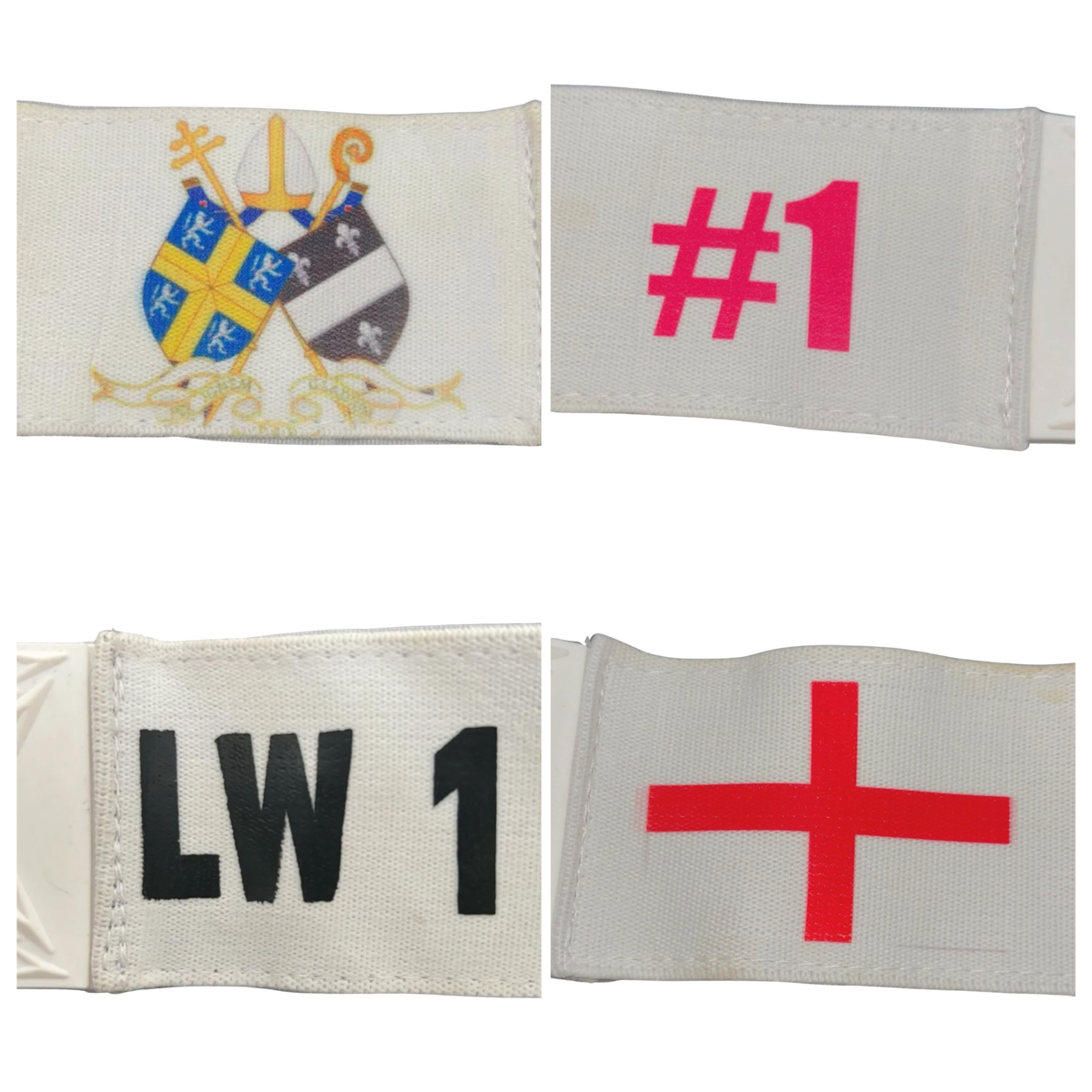 Four fabric flags with different designs on a white background