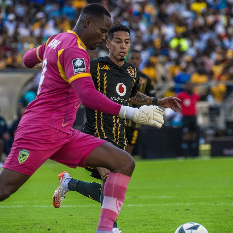Two soccer players in action on a field with a crowd in the background