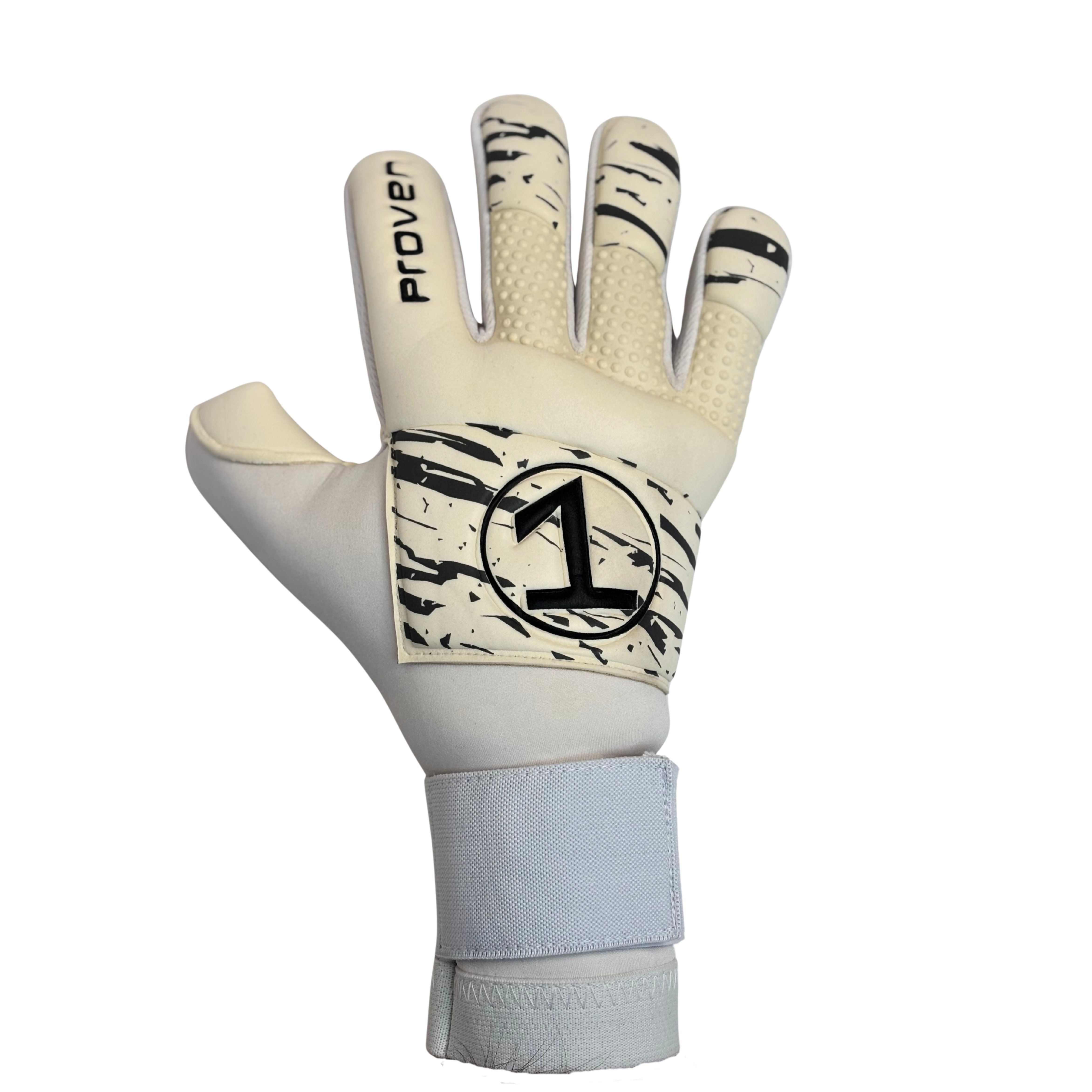 White goalkeeper glove with black patterns and number '1' on a white background